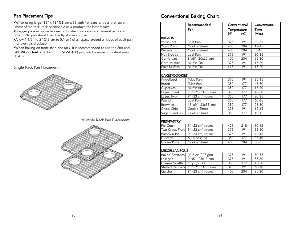 Conventional baking chart, Pan placement tips | Viking F131D User Manual | Page 11 / 18