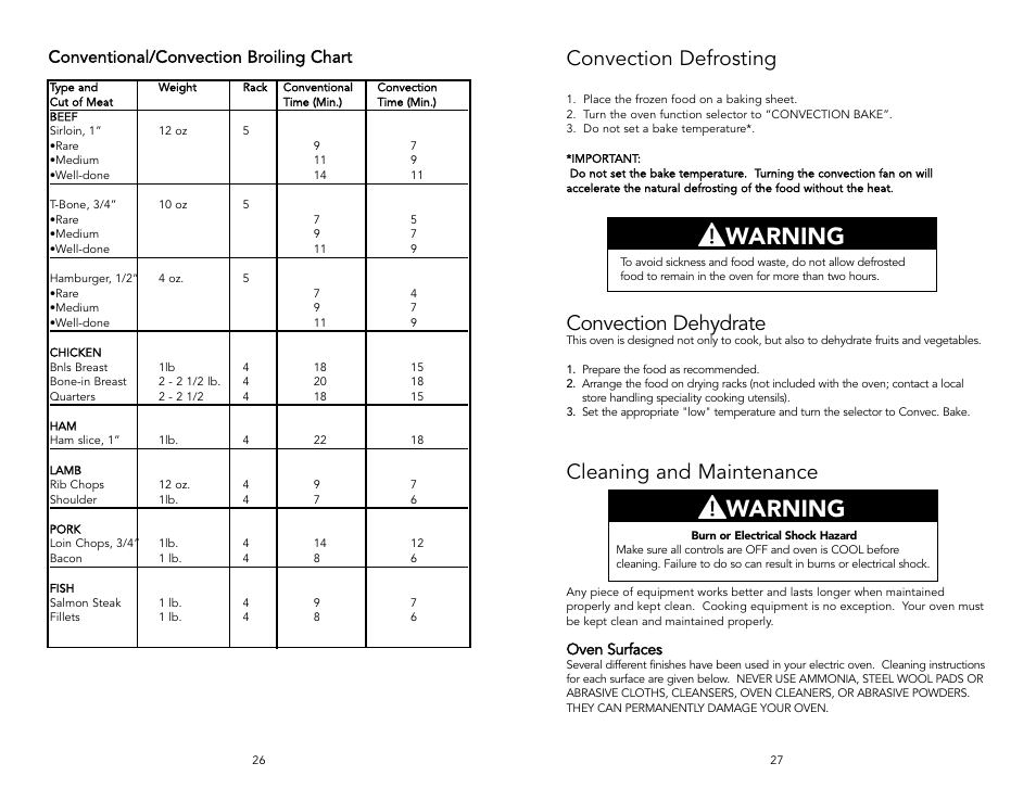 Warning, Convection defrosting, Cleaning and maintenance | Convection dehydrate, Conventional/convection broiling chart, Oven surfaces | Viking F131D User Manual | Page 14 / 18