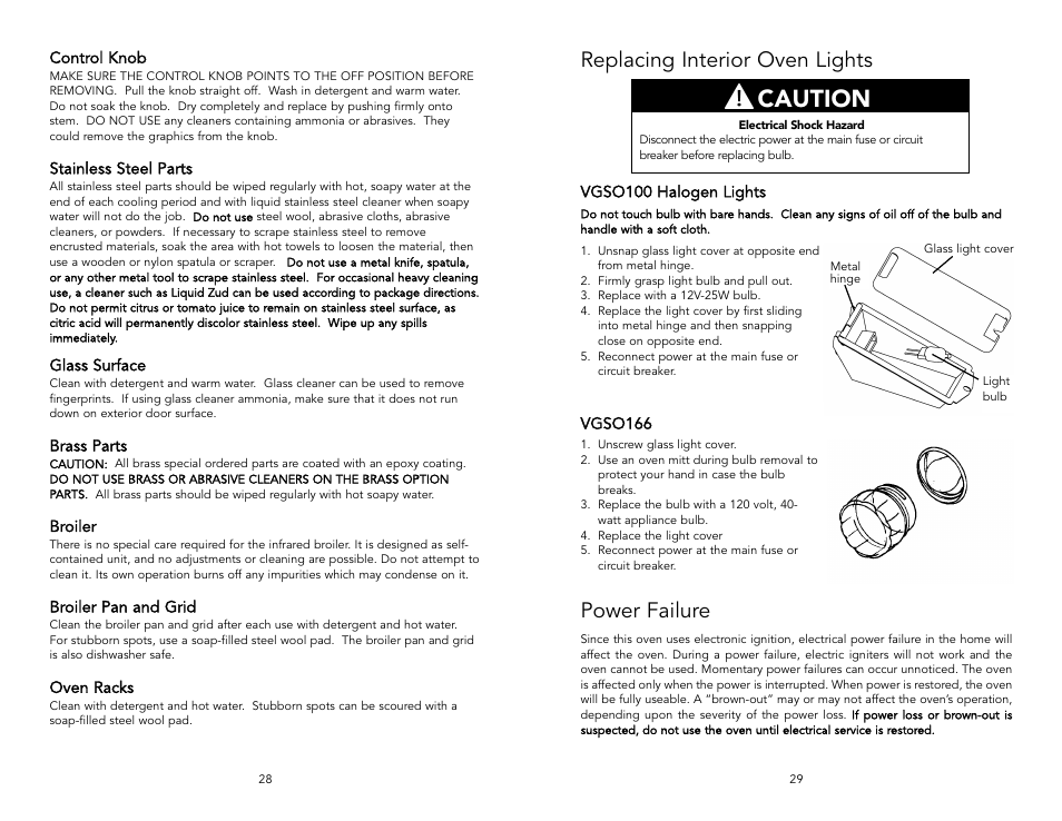 Caution, Replacing interior oven lights, Power failure | Viking F131D User Manual | Page 15 / 18