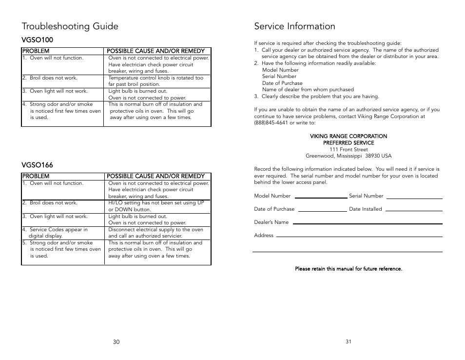 Service information, Troubleshooting guide | Viking F131D User Manual | Page 16 / 18