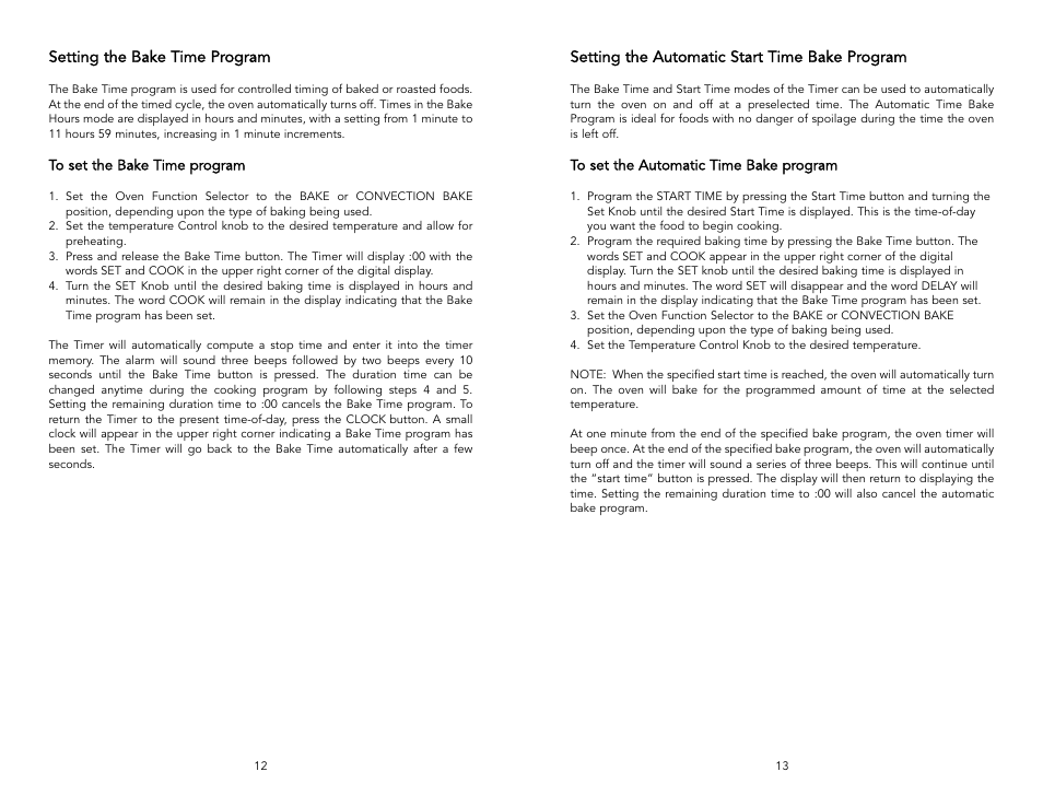 Setting the automatic start time bake program, Setting the bake time program | Viking F131D User Manual | Page 7 / 18