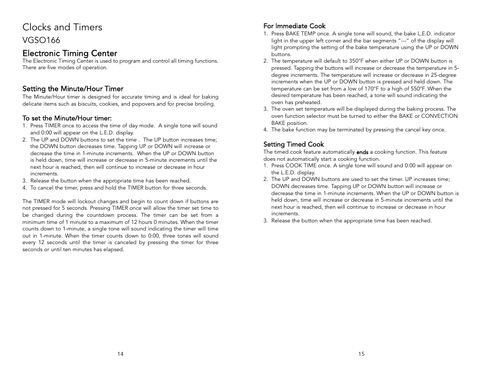 Clocks and timers, Electronic timing center, Vgso166 | Viking F131D User Manual | Page 8 / 18