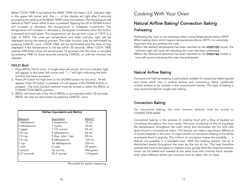 Cooking with your oven, Natural airflow baking/ convection baking, Natural airflow baking | Preheating, Convection baking | Viking F131D User Manual | Page 9 / 18