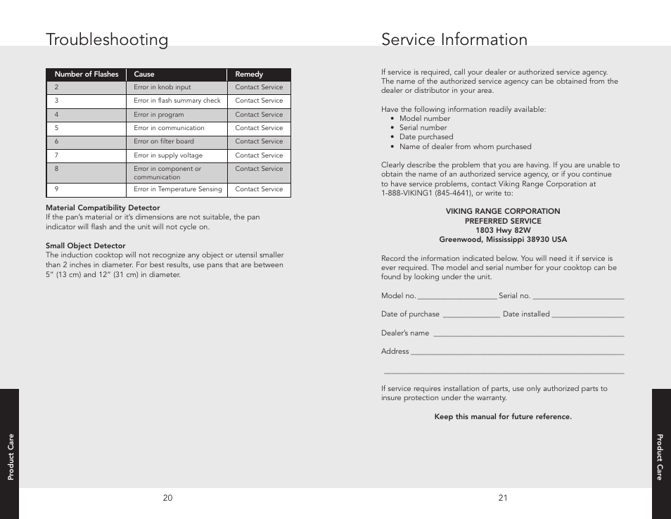 Troubleshooting, Service information, Troubleshooting service information | Viking F20528 User Manual | Page 11 / 12