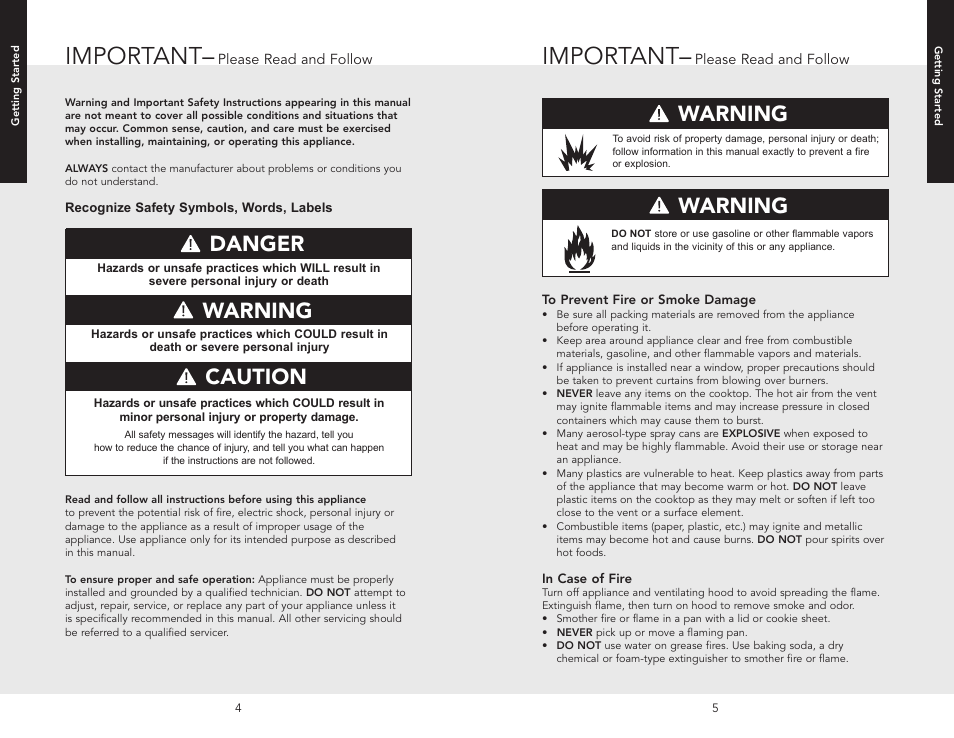 Getting started, Before using cooktop, Important | Danger, Warning caution warning, Warning | Viking F20528 User Manual | Page 3 / 12