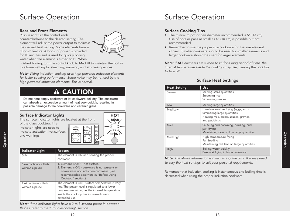 Operation, Surface operation, Surface heat settings | Caution | Viking F20528 User Manual | Page 7 / 12