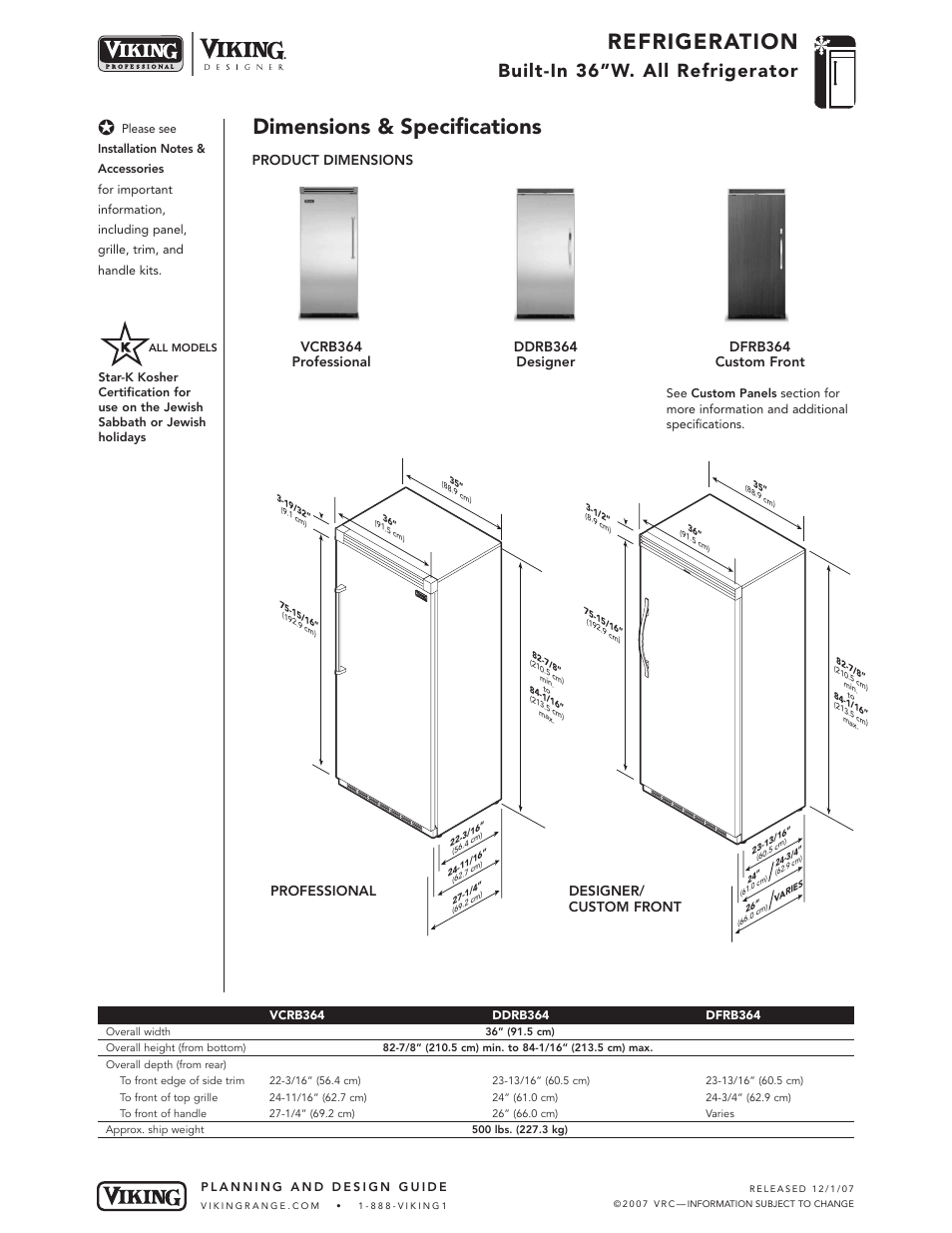 Refrigeration, Dimensions & specifications, Built-in 36”w. all refrigerator | Professional designer/ custom front, Product dimensions | Viking DFRB364 User Manual | Page 2 / 9