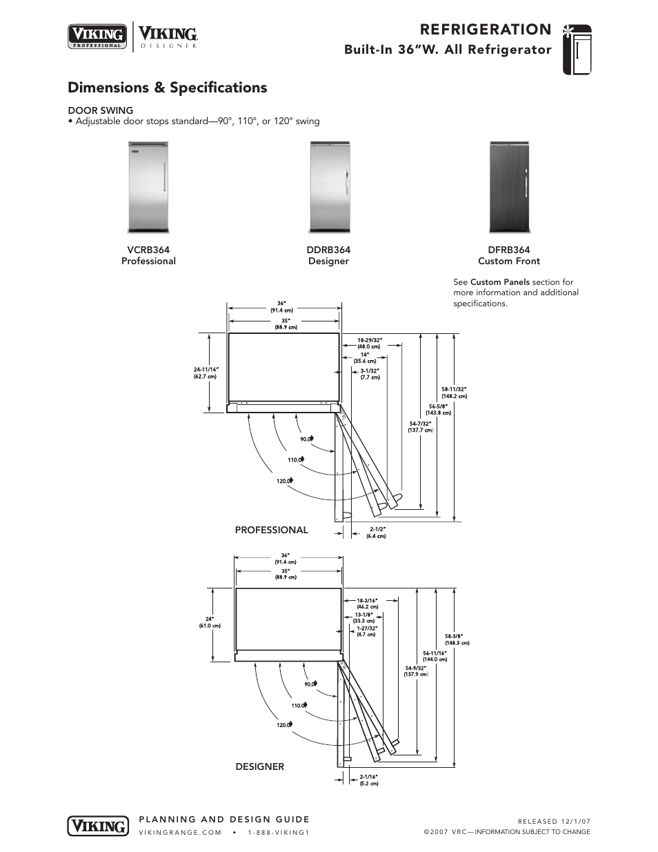 Refrigeration, Dimensions & specifications, Built-in 36”w. all refrigerator | Dfrb364 custom front, Professional designer | Viking DFRB364 User Manual | Page 3 / 9