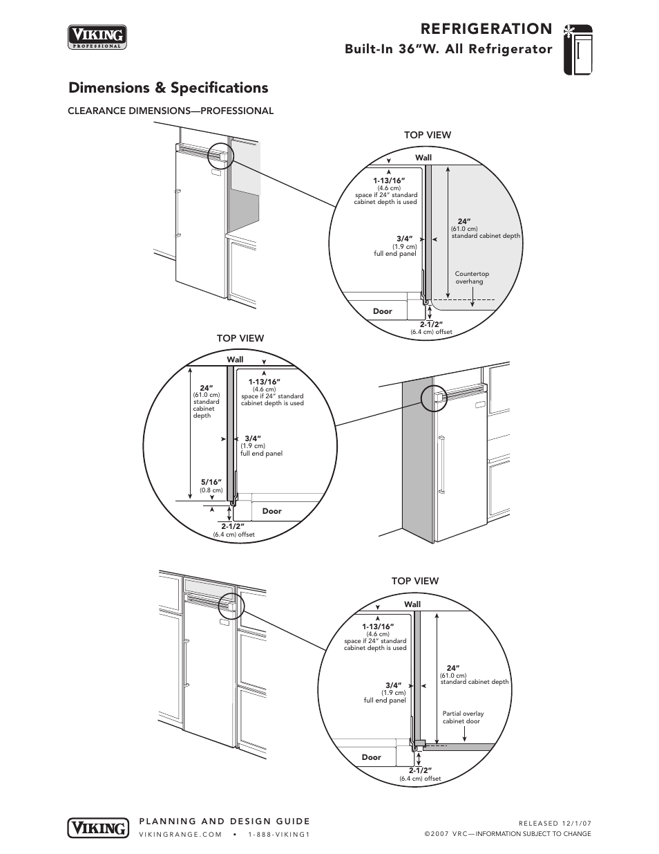 Refrigeration, Dimensions & specifications, Built-in 36”w. all refrigerator | Viking DFRB364 User Manual | Page 4 / 9