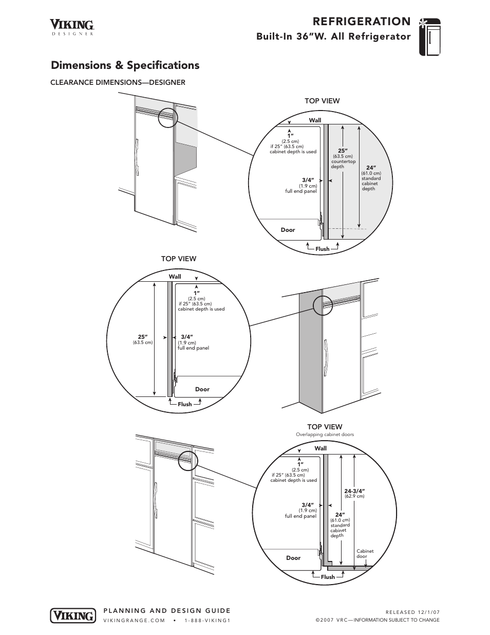 Refrigeration, Dimensions & specifications, Built-in 36”w. all refrigerator | Viking DFRB364 User Manual | Page 5 / 9