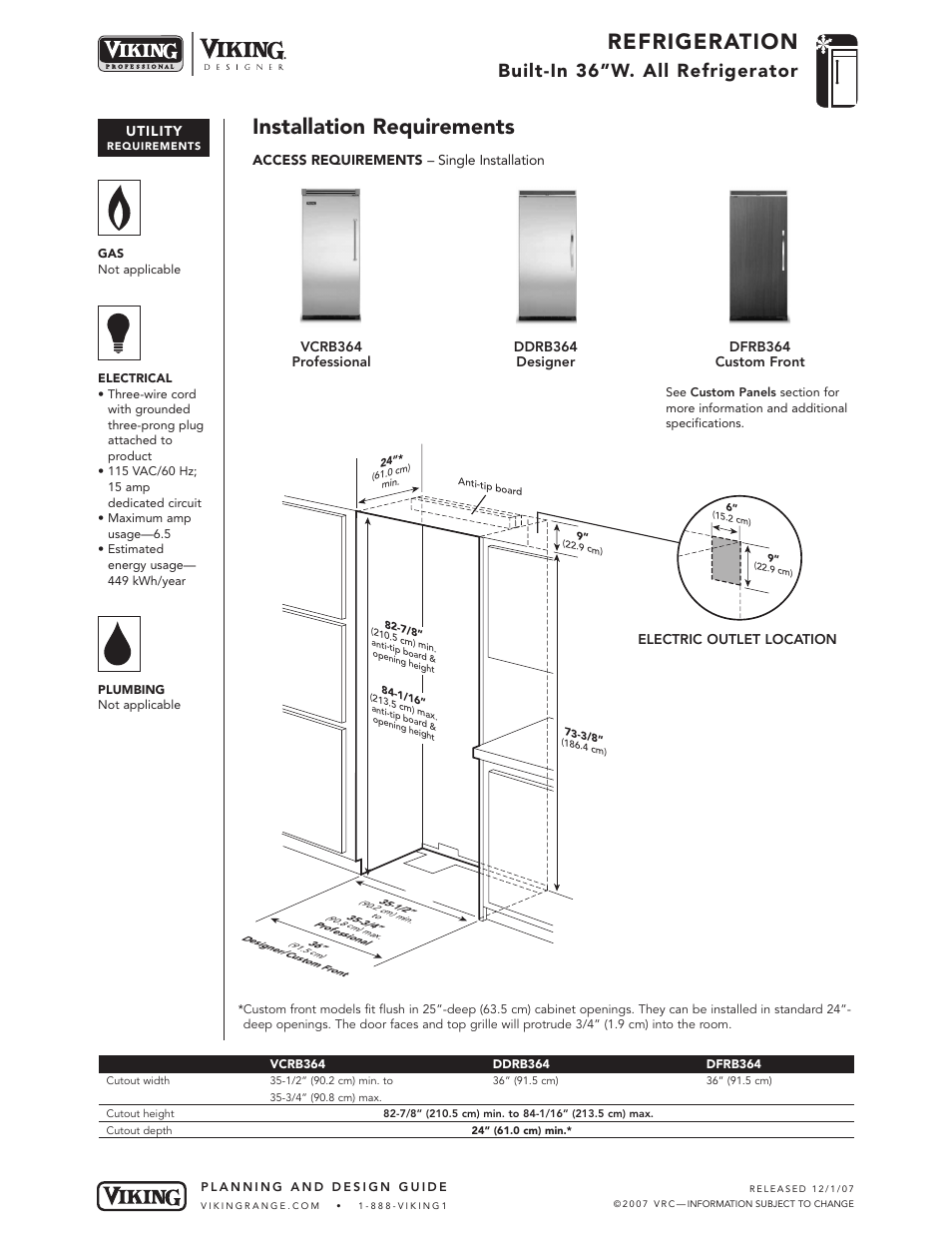 Refrigeration, Installation requirements, Built-in 36”w. all refrigerator | Viking DFRB364 User Manual | Page 6 / 9