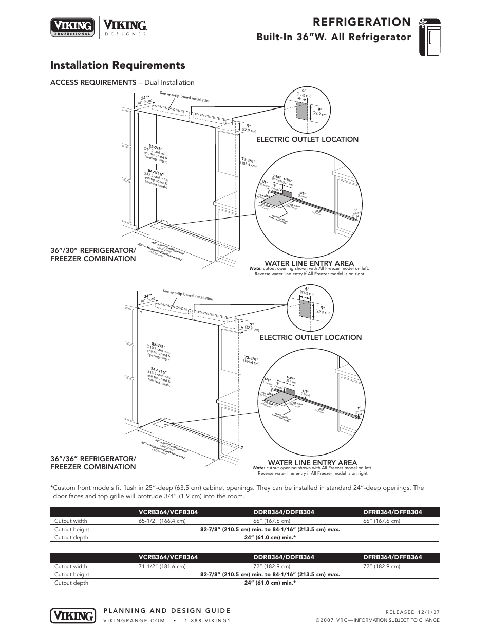 Refrigeration, Installation requirements, Built-in 36”w. all refrigerator | Electric outlet location water line entry area, Access requirements – dual installation | Viking DFRB364 User Manual | Page 7 / 9