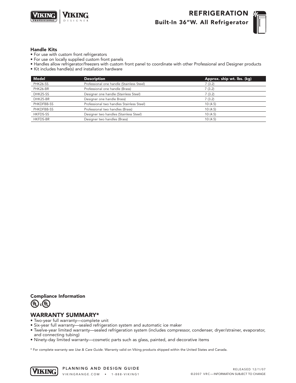 Refrigeration, Built-in 36”w. all refrigerator, Warranty summary | Handle kits, Compliance information | Viking DFRB364 User Manual | Page 9 / 9