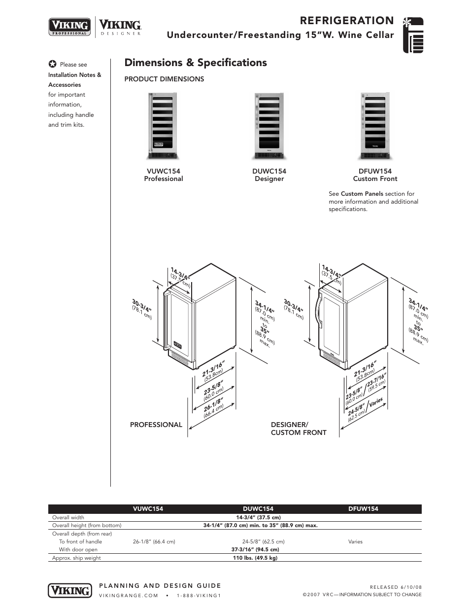 Refrigeration, Dimensions & specifications, Undercounter/freestanding 15”w. wine cellar | Viking DUWC154 User Manual | Page 2 / 5