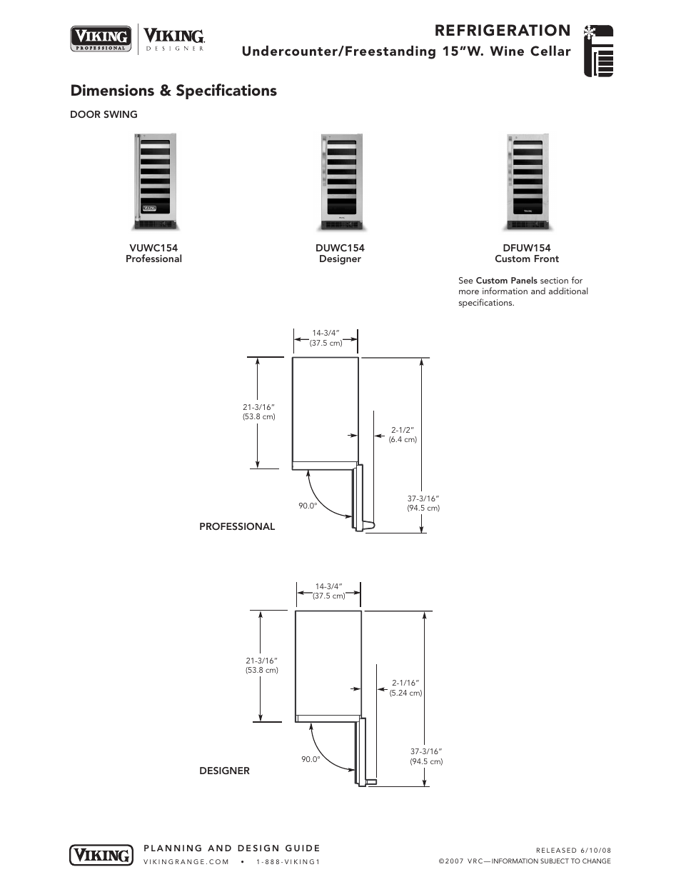 Refrigeration, Dimensions & specifications, Undercounter/freestanding 15”w. wine cellar | Viking DUWC154 User Manual | Page 3 / 5