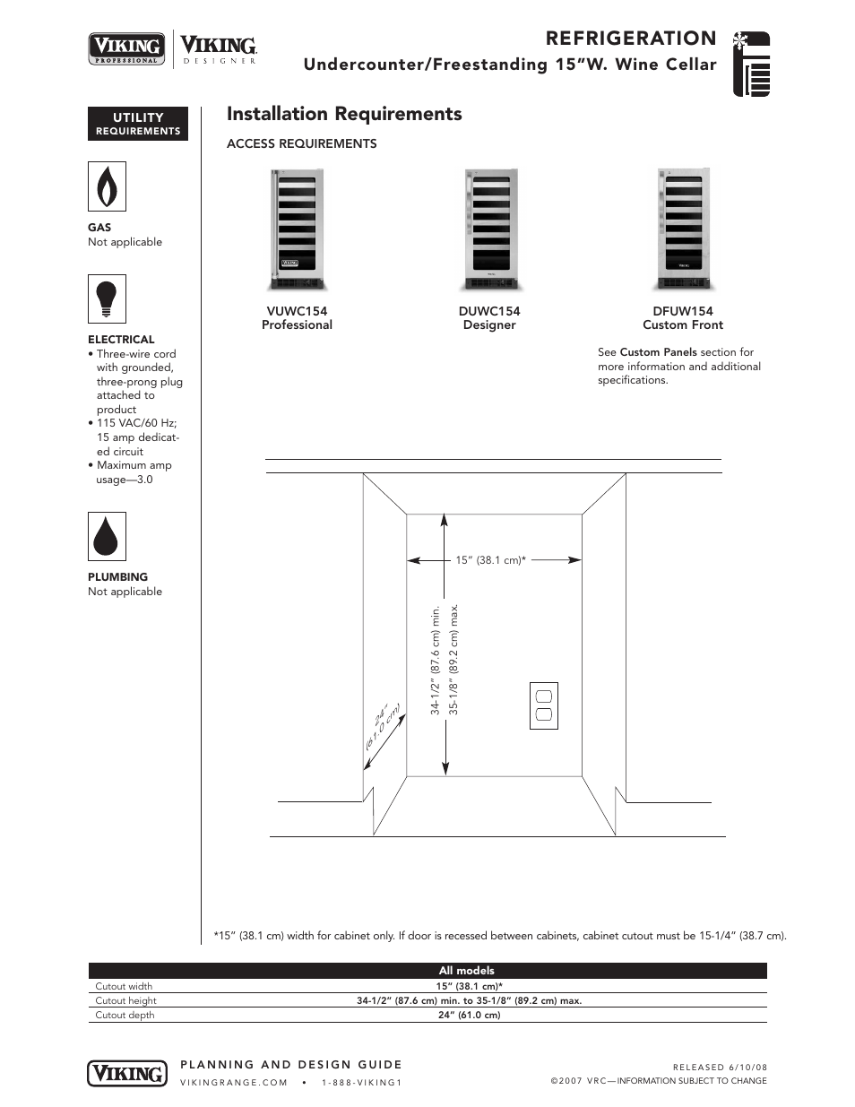 Refrigeration, Installation requirements, Undercounter/freestanding 15”w. wine cellar | Viking DUWC154 User Manual | Page 4 / 5