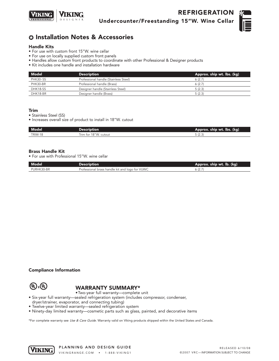 Refrigeration, Undercounter/freestanding 15”w. wine cellar, Warranty summary | Viking DUWC154 User Manual | Page 5 / 5