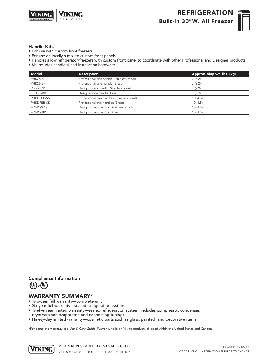 Refrigeration, Built-in 30”w. all freezer, Warranty summary | Handle kits, Compliance information | Viking VCFB304 User Manual | Page 10 / 10