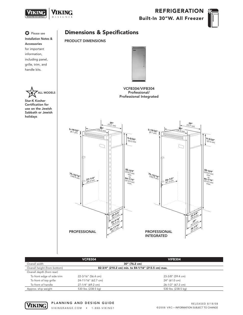 Refrigeration, Dimensions & specifications, Built-in 30”w. all freezer | Product dimensions, Professional integrated | Viking VCFB304 User Manual | Page 2 / 10