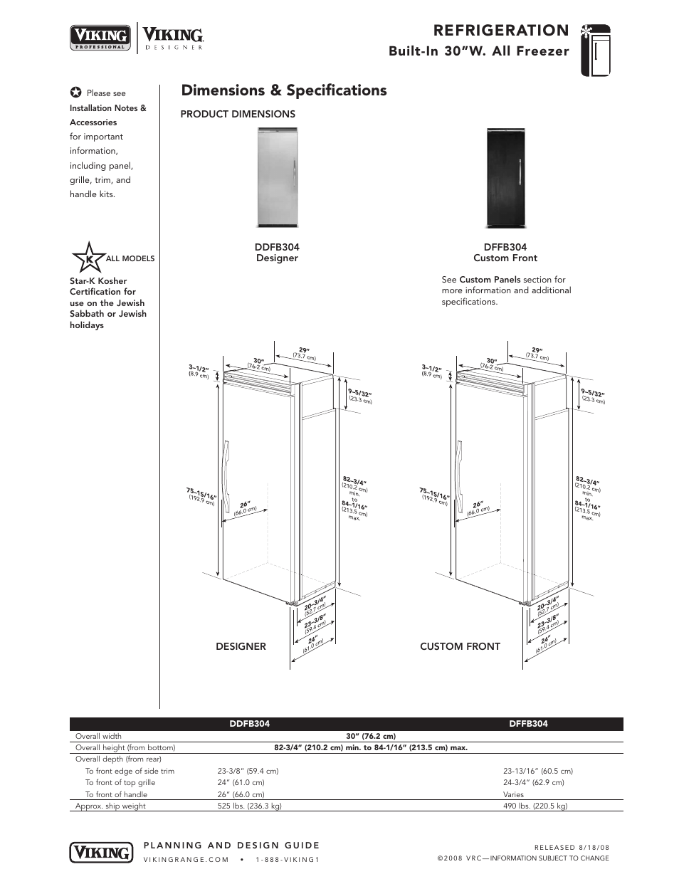 Refrigeration, Dimensions & specifications, Built-in 30”w. all freezer | Product dimensions, Designer | Viking VCFB304 User Manual | Page 3 / 10