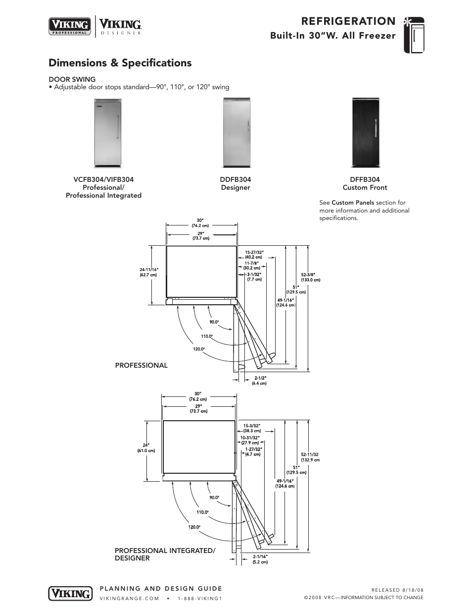 Refrigeration, Dimensions & specifications, Built-in 30”w. all freezer | Dffb304 custom front, Professional professional integrated/ designer | Viking VCFB304 User Manual | Page 4 / 10