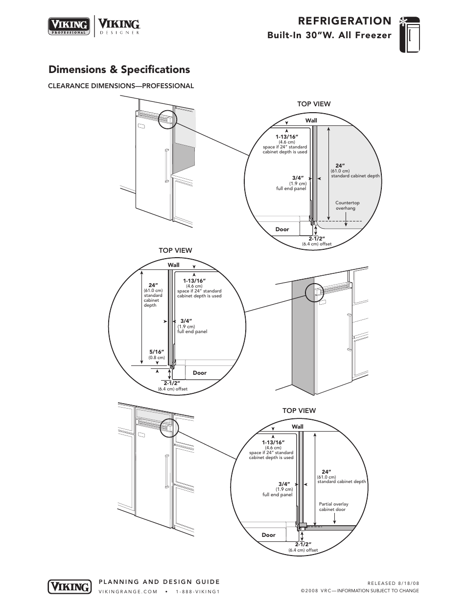 Refrigeration, Dimensions & specifications, Built-in 30”w. all freezer | Viking VCFB304 User Manual | Page 5 / 10