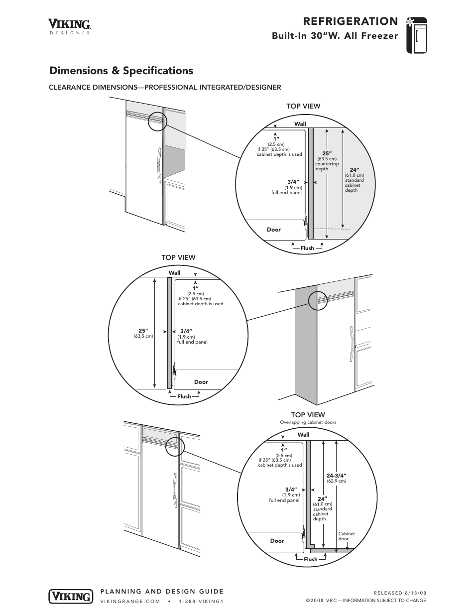 Refrigeration, Dimensions & specifications, Built-in 30”w. all freezer | Top view | Viking VCFB304 User Manual | Page 6 / 10
