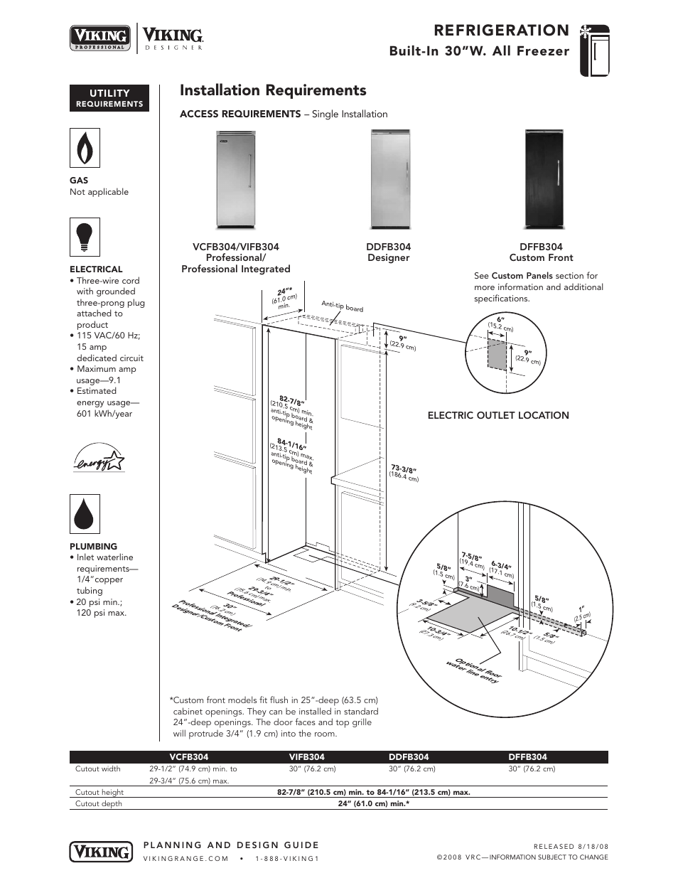 Refrigeration, Installation requirements, Built-in 30”w. all freezer | Utility, Electric outlet location | Viking VCFB304 User Manual | Page 7 / 10