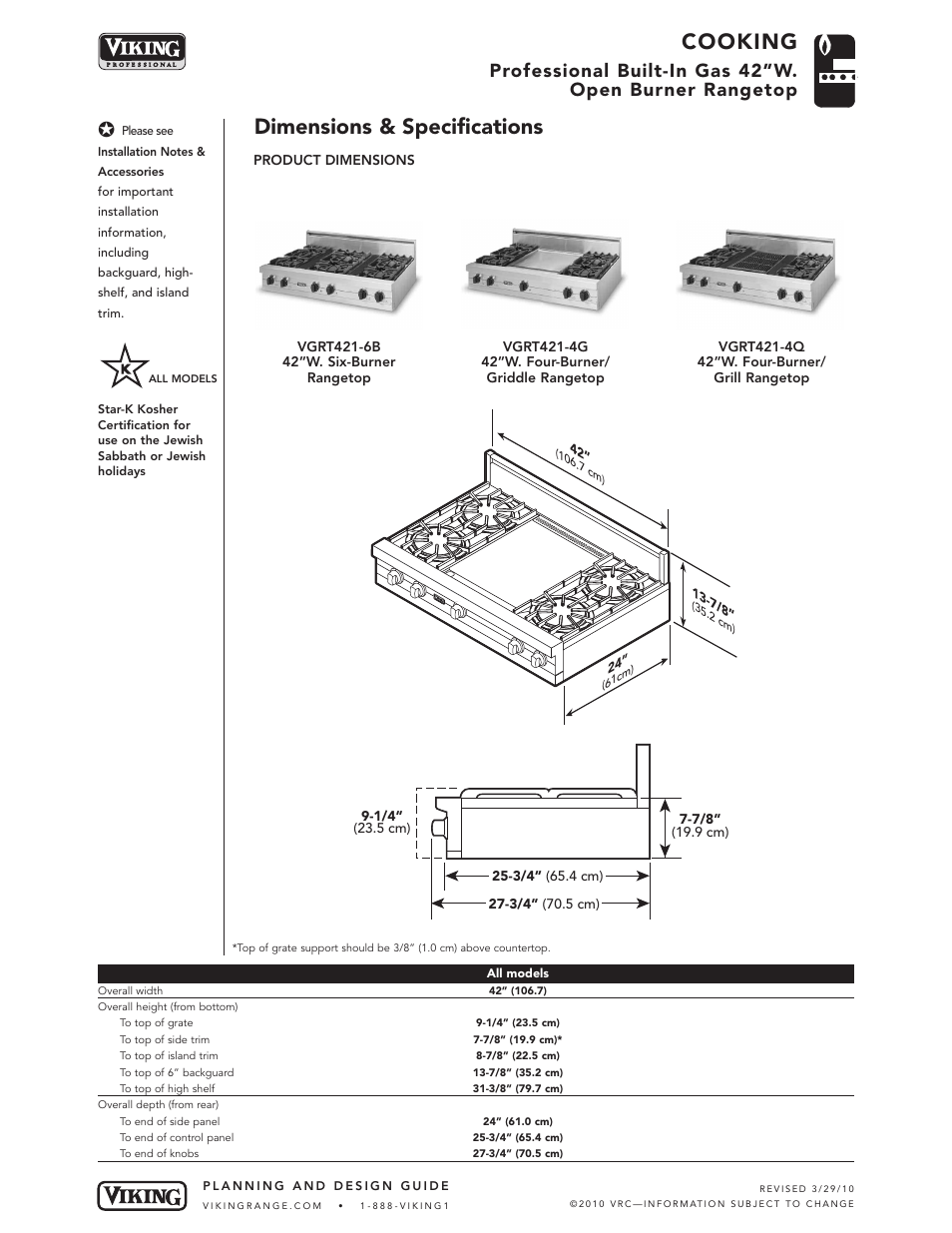 Cooking, Dimensions & specifications | Viking VGRT421-4G User Manual | Page 2 / 5