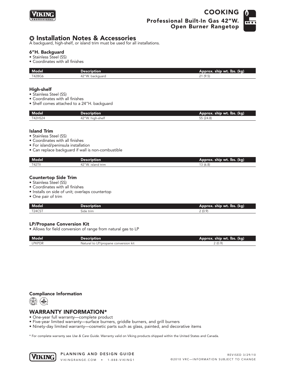 Cooking, Warranty information | Viking VGRT421-4G User Manual | Page 5 / 5