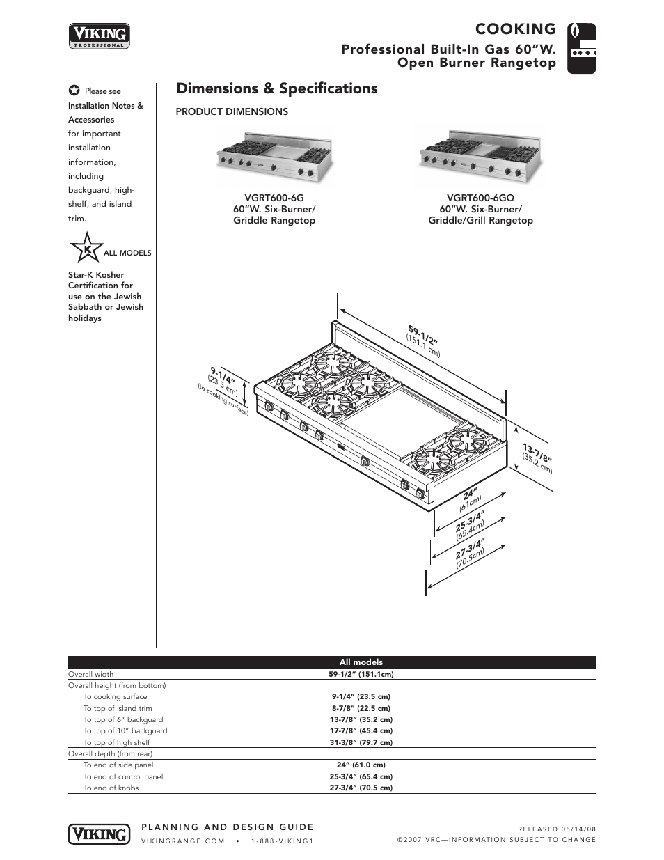 Cooking, Dimensions & specifications | Viking VGRT600-6GQ User Manual | Page 2 / 5