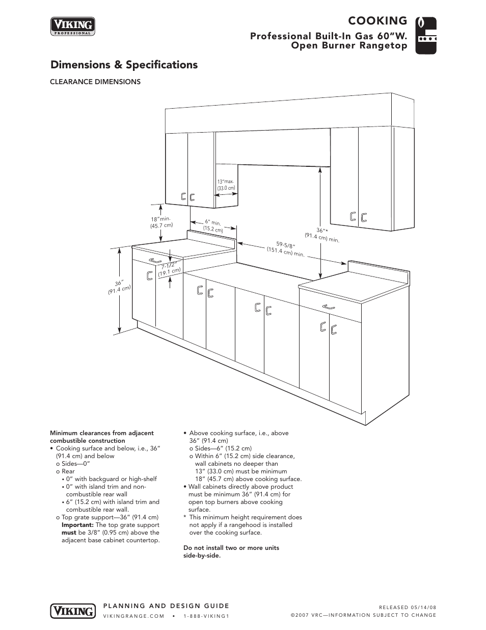 Cooking, Dimensions & specifications | Viking VGRT600-6GQ User Manual | Page 3 / 5