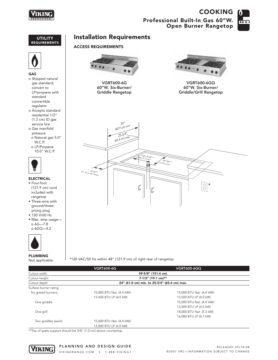 Cooking, Installation requirements | Viking VGRT600-6GQ User Manual | Page 4 / 5