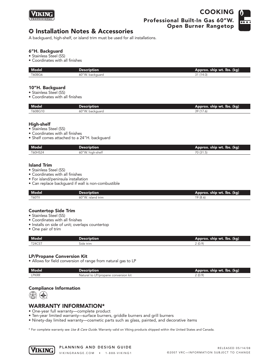 Cooking, Warranty information | Viking VGRT600-6GQ User Manual | Page 5 / 5