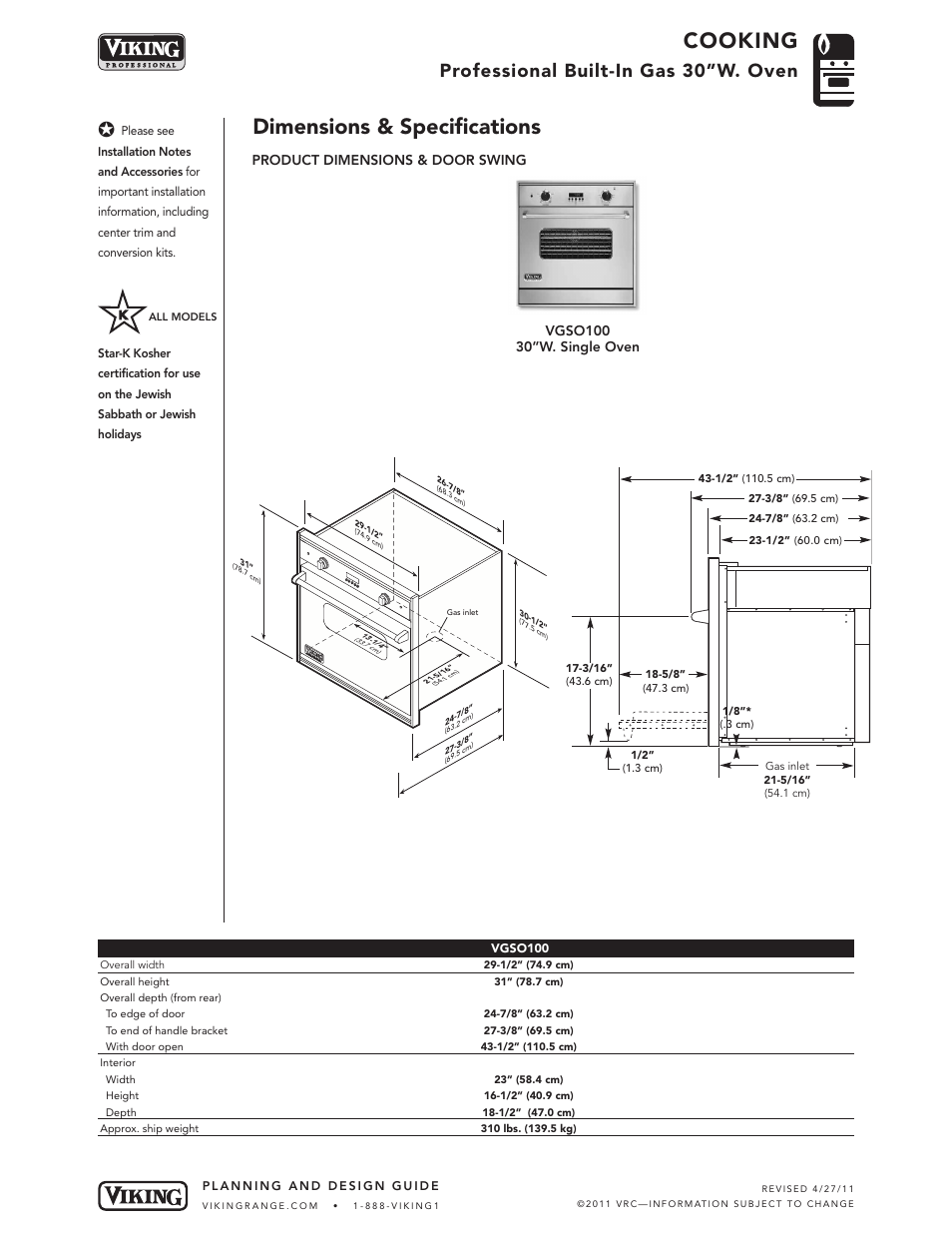 Cooking, Dimensions & specifications, Professional built-in gas 30”w. oven | Product dimensions & door swing | Viking VGSO100 User Manual | Page 2 / 4