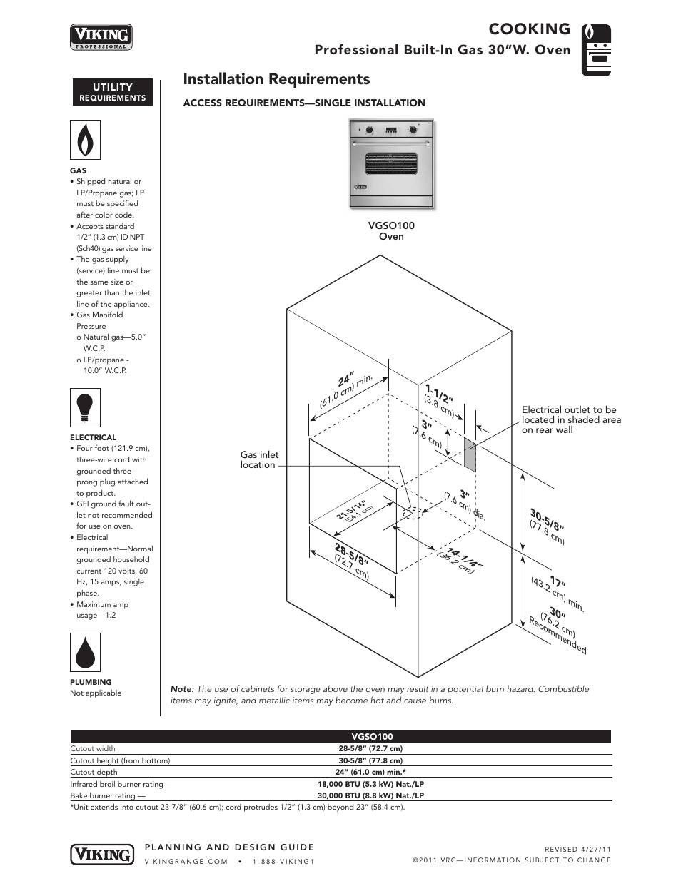 Cooking, Installation requirements, Professional built-in gas 30”w. oven | Viking VGSO100 User Manual | Page 3 / 4