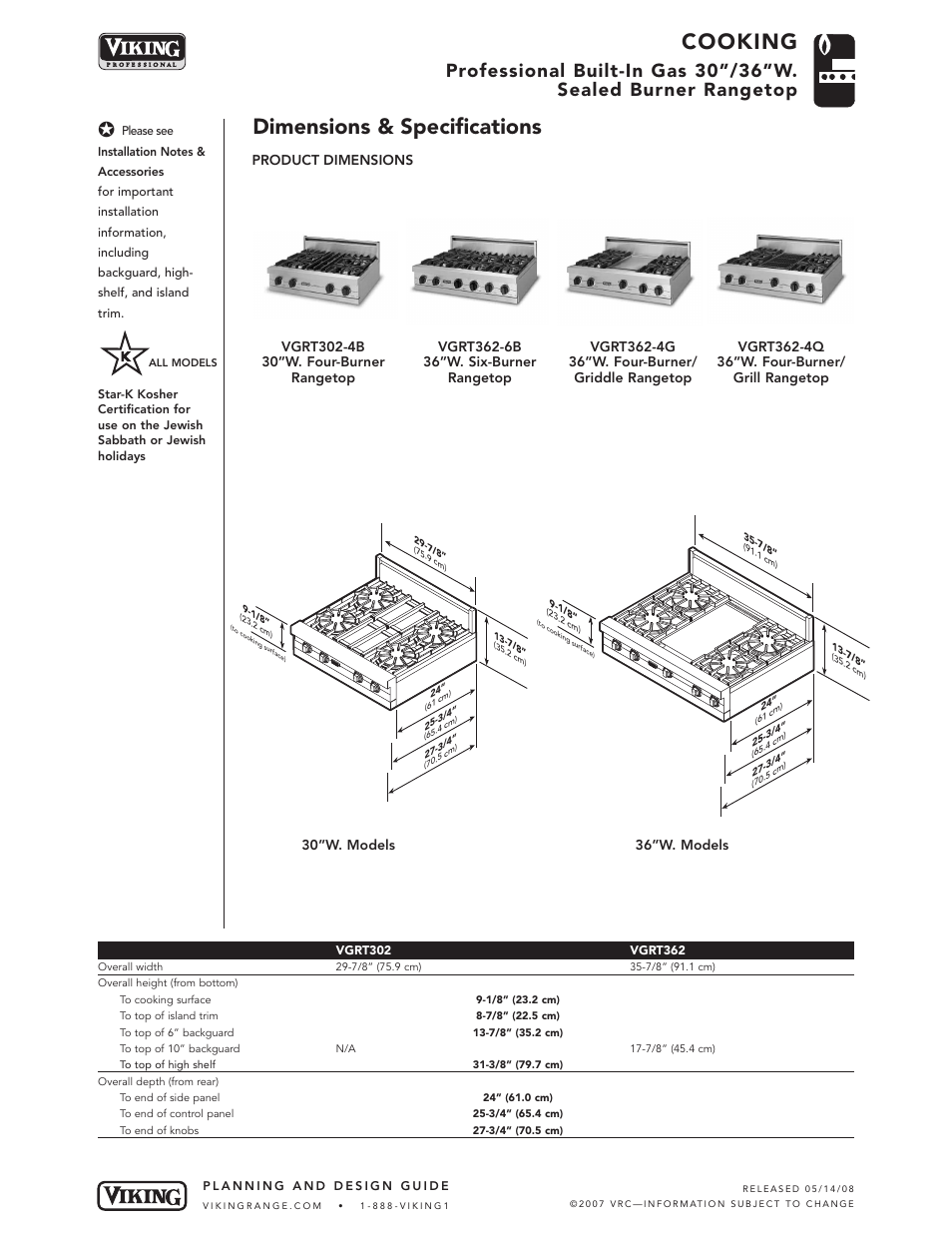 Cooking, Dimensions & specifications, Product dimensions | Viking VGRT302-4B* User Manual | Page 2 / 5