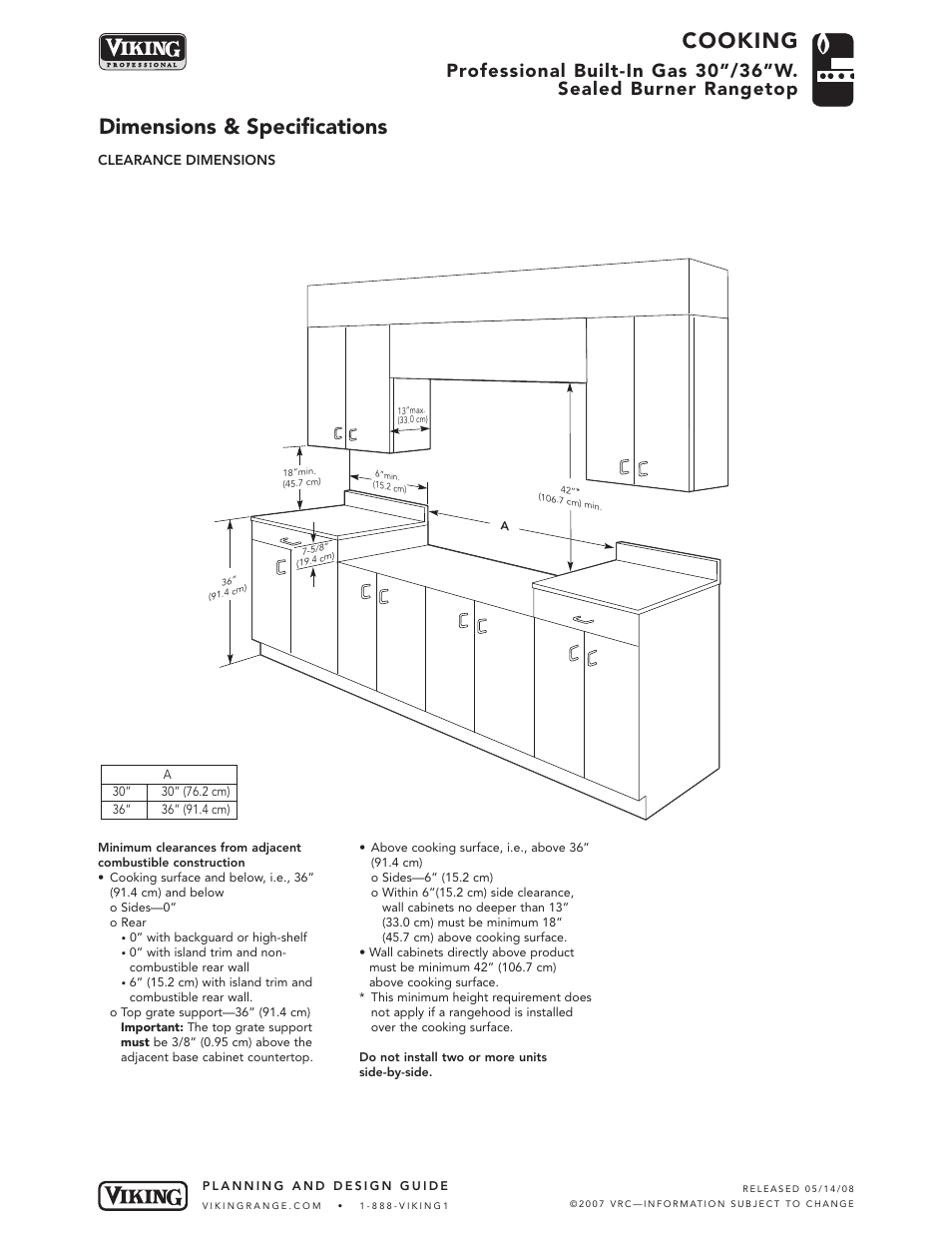 Cooking, Dimensions & specifications | Viking VGRT302-4B* User Manual | Page 3 / 5