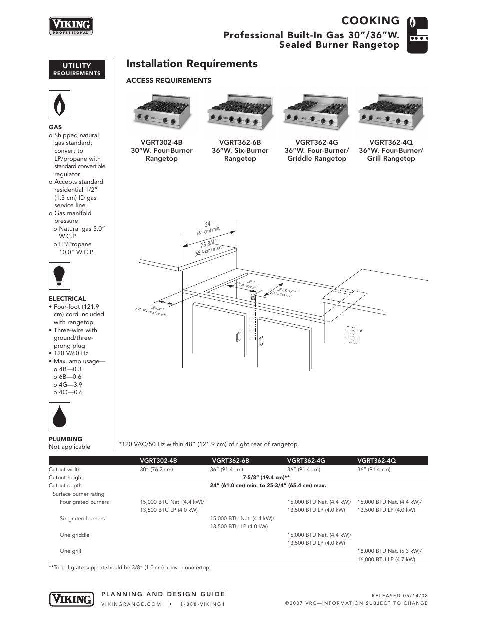 Cooking, Installation requirements | Viking VGRT302-4B* User Manual | Page 4 / 5