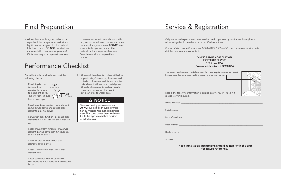 Service & registration performance checklist, Final preparation, Notice | Viking F20495 User Manual | Page 13 / 14