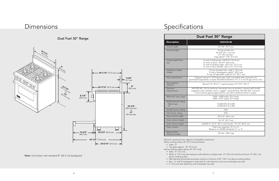 Specifications, Dimensions, Dual fuel 30” range | Viking F20495 User Manual | Page 4 / 14