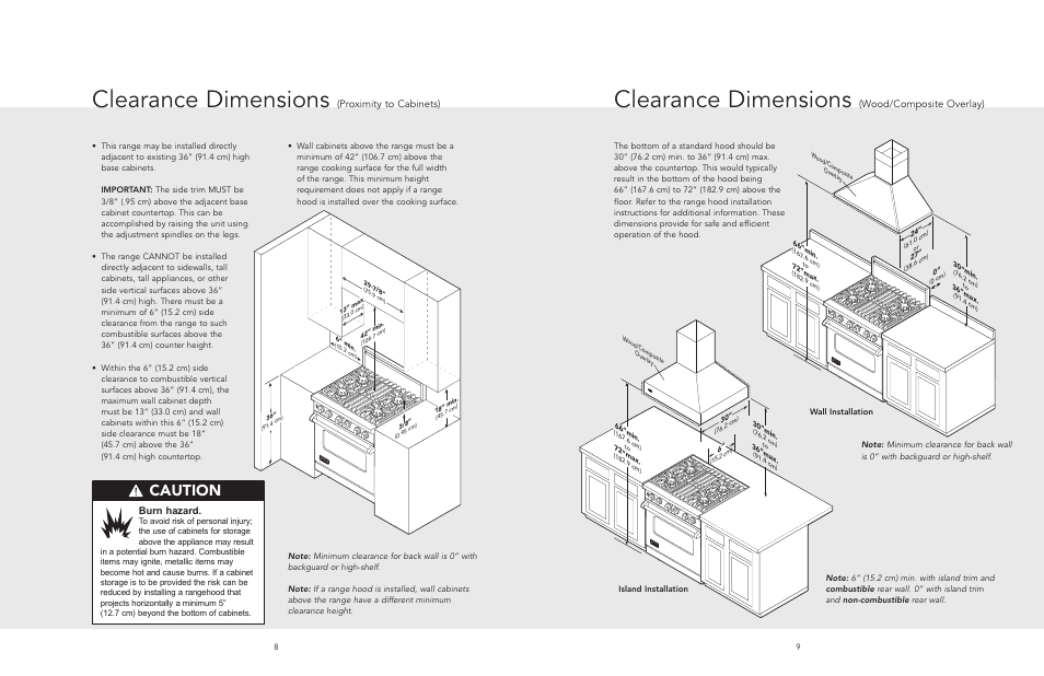 Clearance dimensions, Caution, Wood/composite overlay) | Proximity to cabinets), Burn hazard | Viking F20495 User Manual | Page 5 / 14