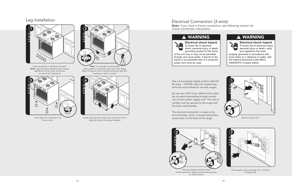Electrical connection (3-wire), Warning, Leg installation | Viking F20495 User Manual | Page 8 / 14