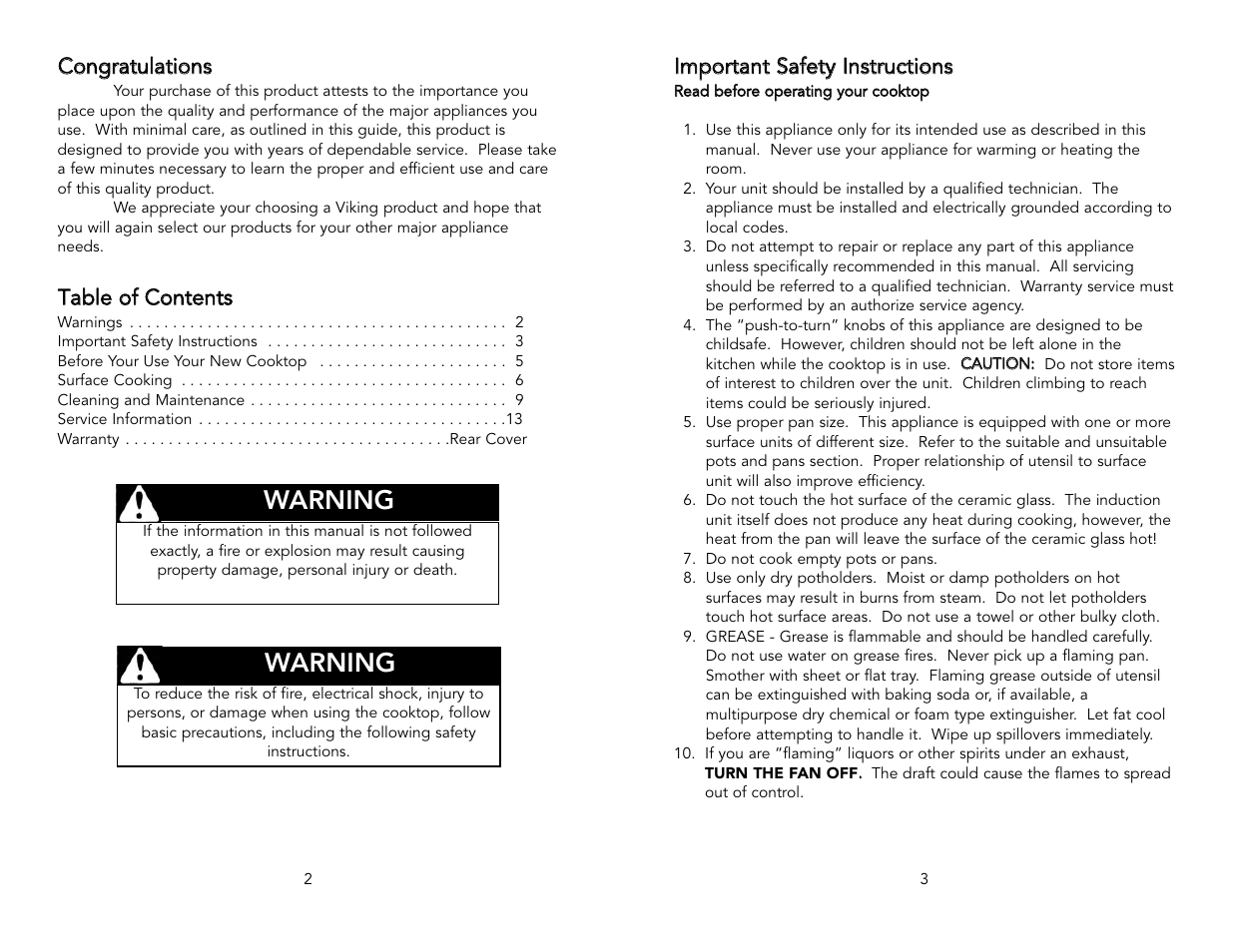 Warning | Viking F20111B User Manual | Page 2 / 8