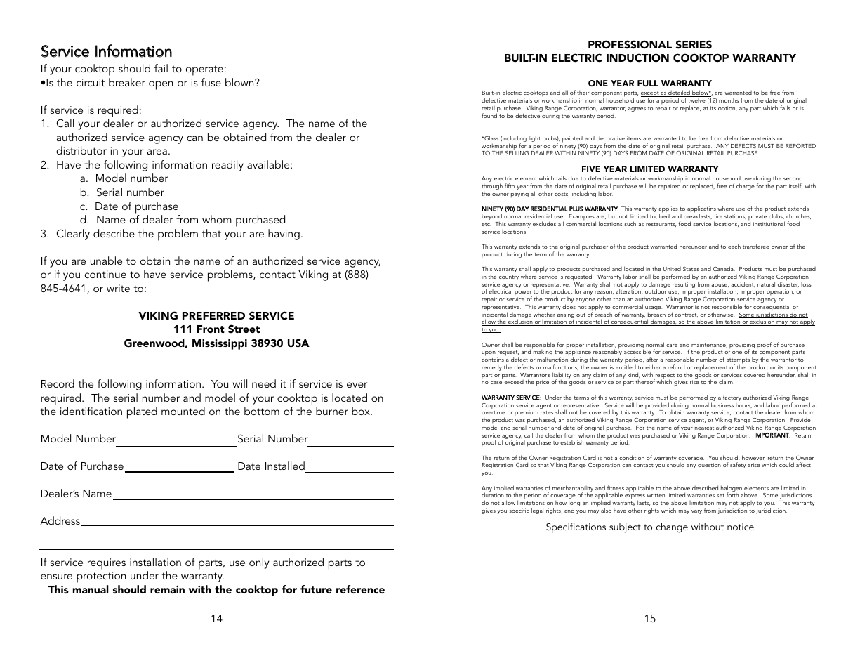 Sse errvviicce e iin nffo orrm maattiio on n | Viking F20111B User Manual | Page 8 / 8