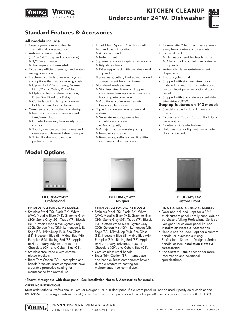 Kitchen cleanup undercounter 24”w. dishwasher, Standard features & accessories model options | Viking VDB325 User Manual | Page 10 / 22