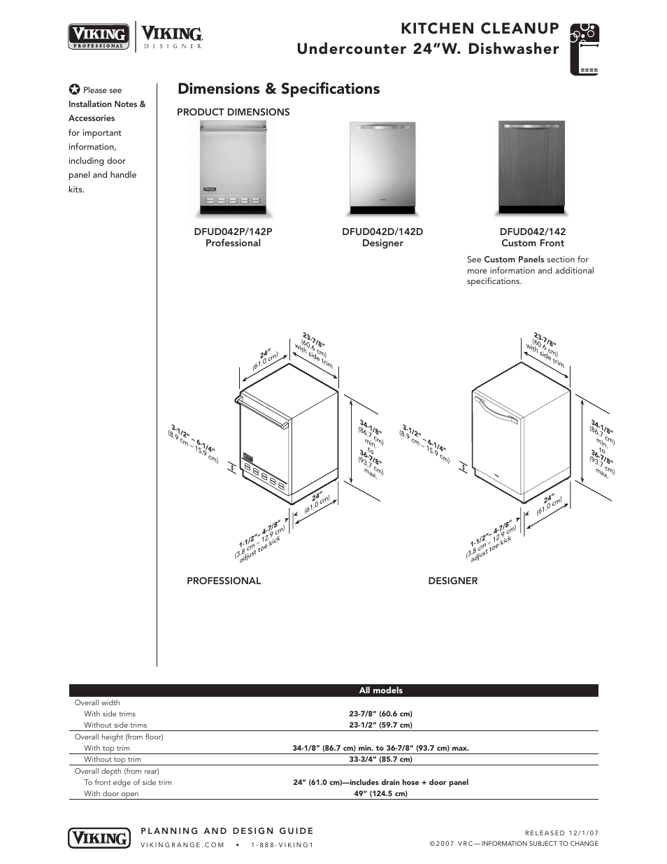 Kitchen cleanup undercounter 24”w. dishwasher, Dimensions & specifications | Viking VDB325 User Manual | Page 11 / 22