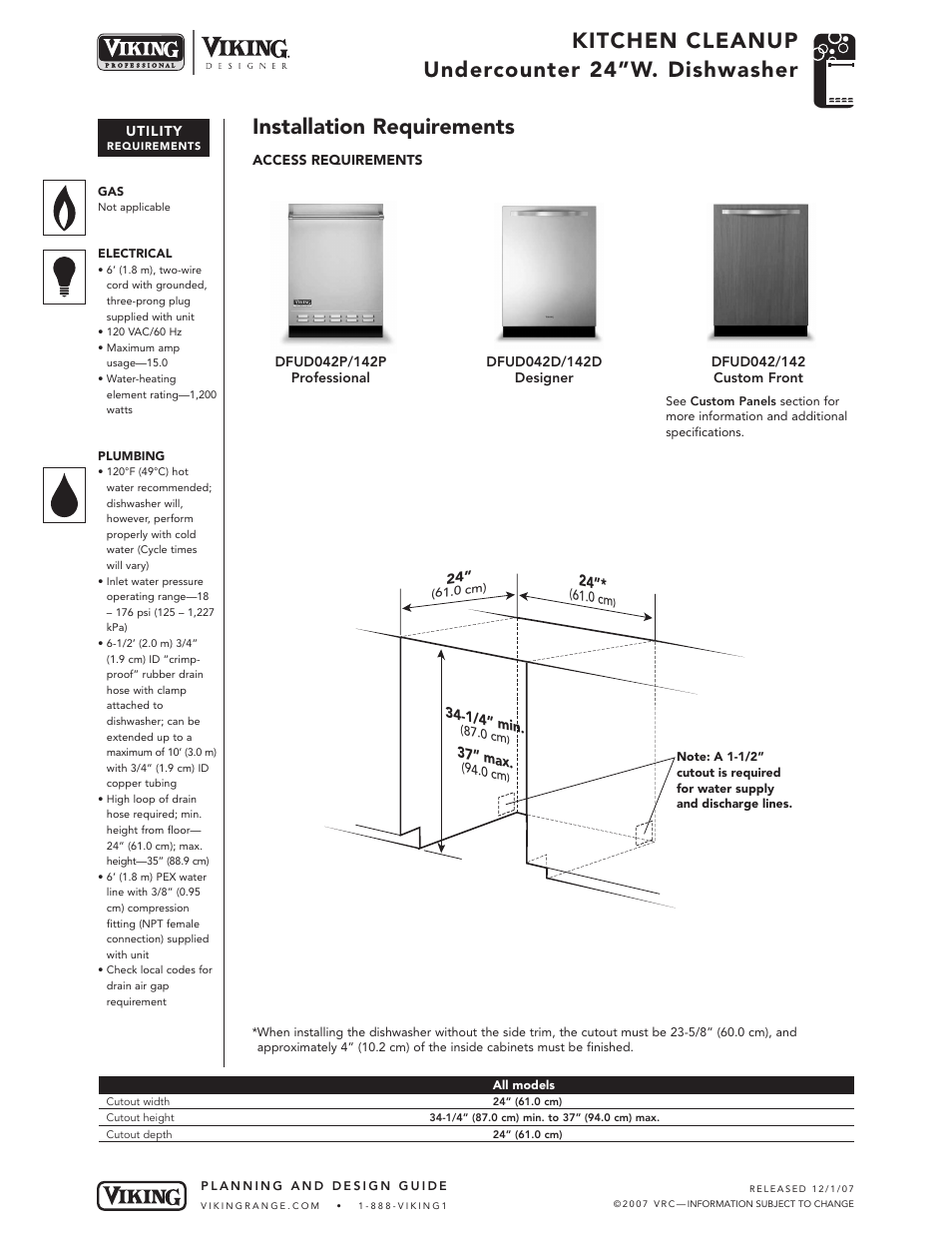 Kitchen cleanup undercounter 24”w. dishwasher, Installation requirements | Viking VDB325 User Manual | Page 13 / 22