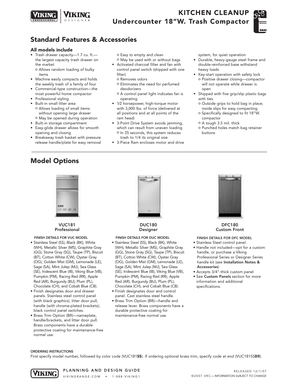 Kitchen cleanup undercounter 18”w. trash compactor, Standard features & accessories model options | Viking VDB325 User Manual | Page 15 / 22