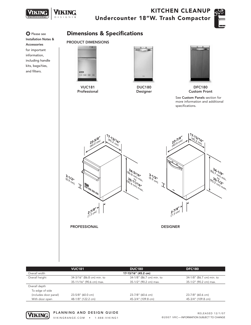 Kitchen cleanup undercounter 18”w. trash compactor, Dimensions & specifications | Viking VDB325 User Manual | Page 16 / 22